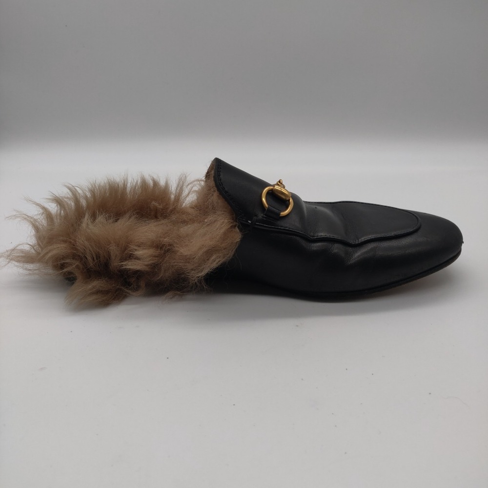 Gucci Womens 38 Black Princetown Horsebit Leather Fur Lined Slipper Amputee Left